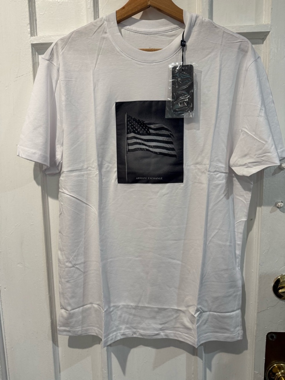 Armani Exchange White Short Sleeve Tee with Black Flag Graphic